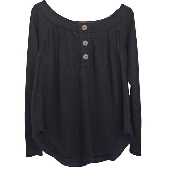 We The Free Black Must Have Waffle Knit Henley Cozy Long Sleeve Top Size Small - Picture 1 of 9